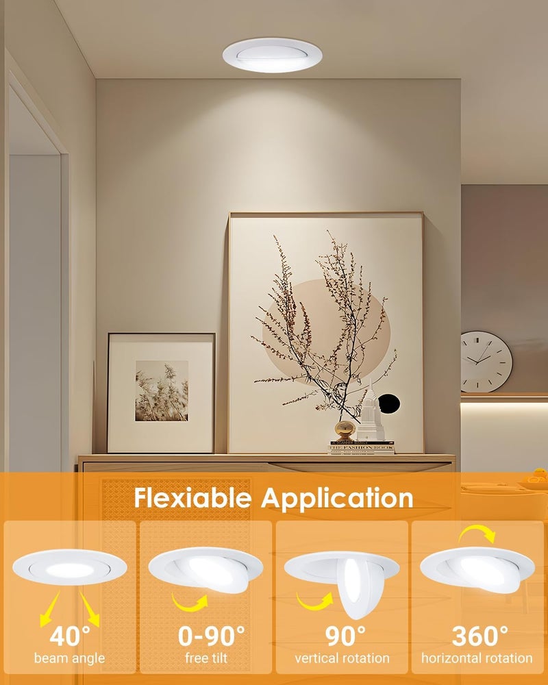 POPANU 4inch Gimbal LED Recessed Light Recessed LED 4 inch White Swivel Gimbal Canless Light 360° Rotation 90° Tilt 4" 9W Eyeball Lighting Dimmable Adjustable Can Spotlights 5CCT White 4 inch 6 Pack - Image 2